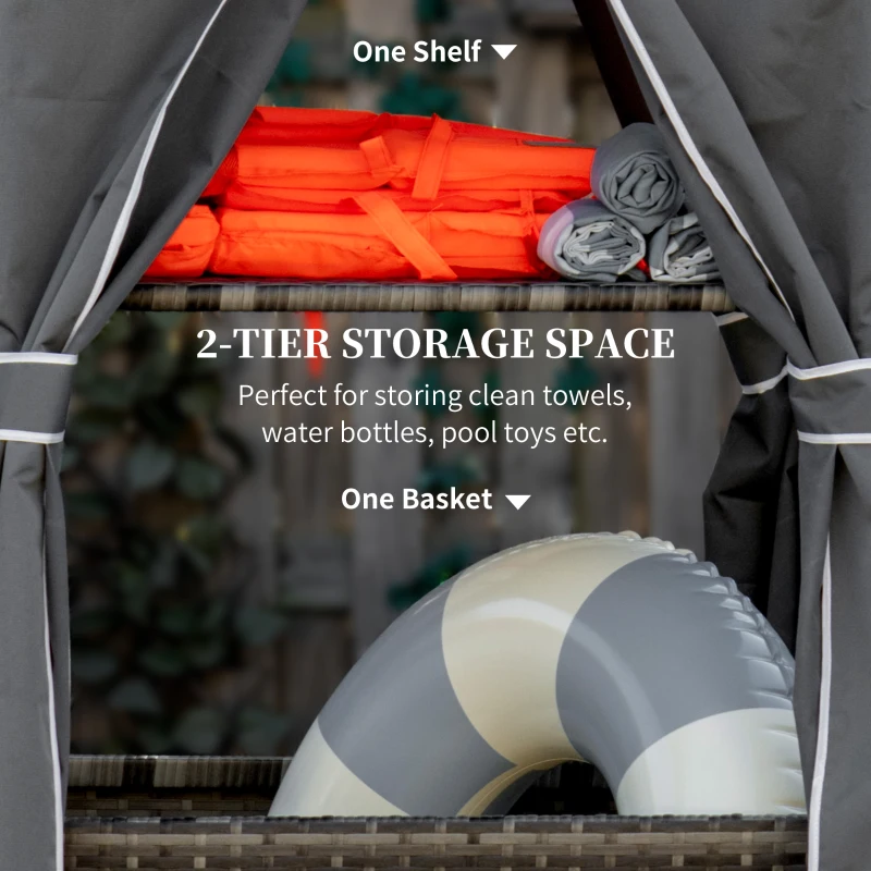 Outsunny Outdoor Rolling Towel Rack for Pool, Covered Pool Caddy with Shelf, Basket, PE Rattan Wicker