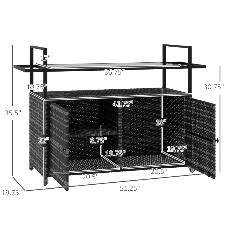 Outsunny 2-Tier Shelf PE Rattan Outdoor Bar Table, Glass Top Patio Serving Cart with Cabinet, Mixed Gray
