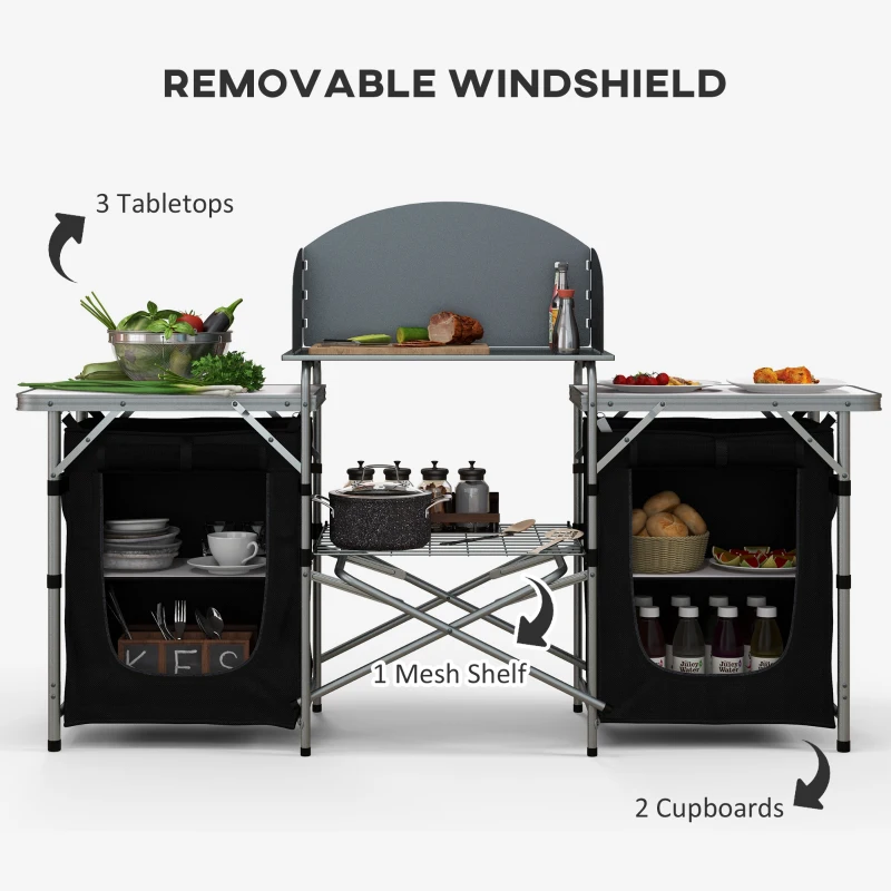 Outsunny Aluminum Camping Table, Folding Camping Kitchen with Windshield, Cupboards and Carrying Bag, for BBQ Camp Party Picnic