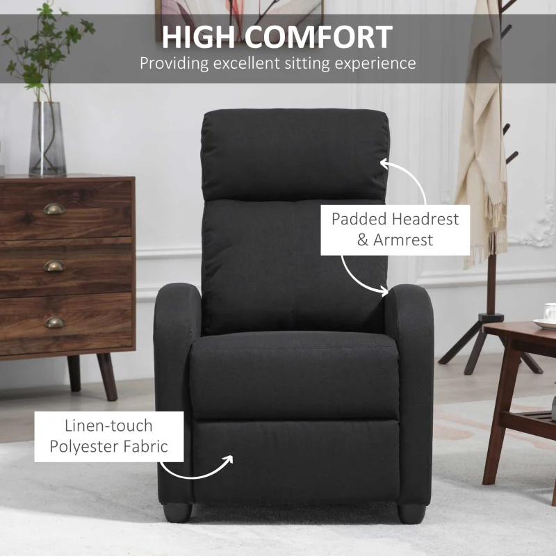 HOMCOM Fabric Recliner Chair, Manual Home Theater Seating, Single Reclining Sofa Chair with Padded Seat for Living Room, Black