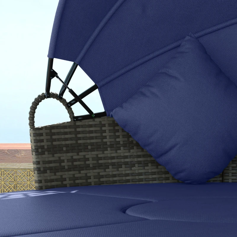 Outsunny 4 Piece Round Rattan Daybed Furniture Set, Canopy, Outdoor Sofa, 2 Chairs, Extending Table Ottoman Chair, Pillows, Blue