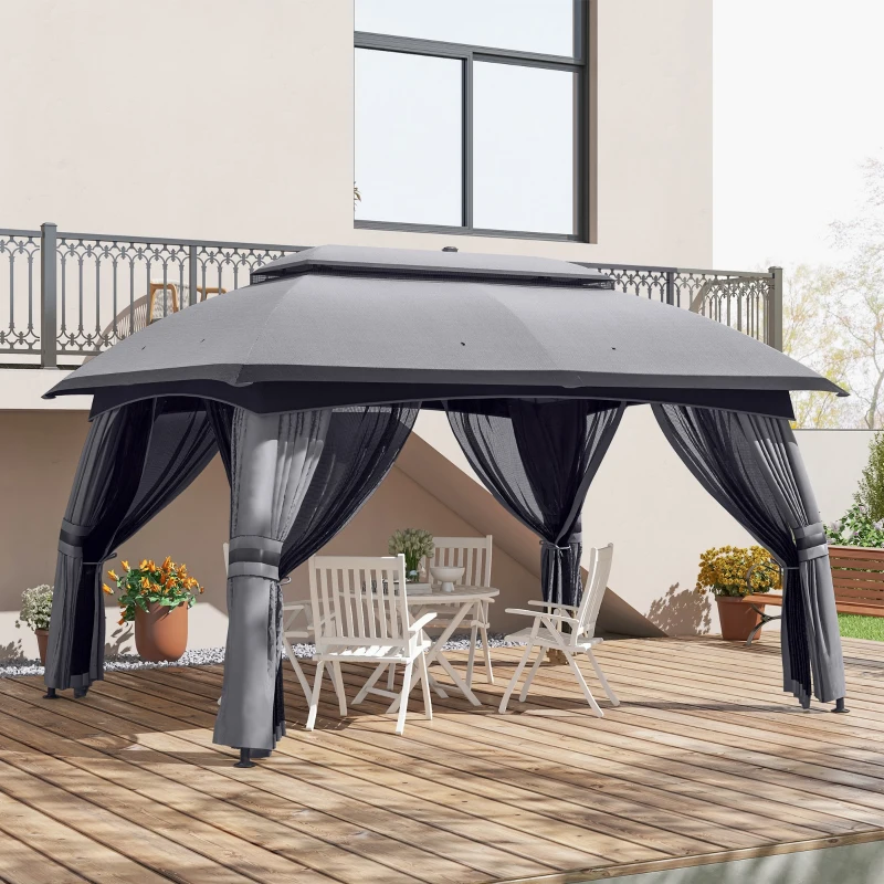 Outsunny 10' x 13' Patio Gazebo, Outdoor Gazebo Canopy Shelter with Netting, Vented Roof for Garden, Dark Gray