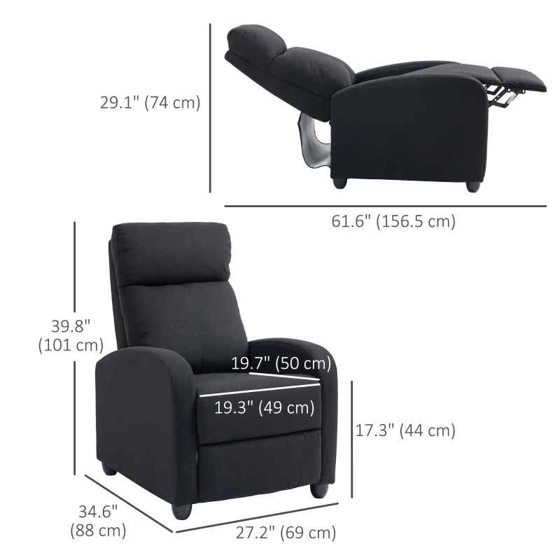 HOMCOM Fabric Recliner Chair, Manual Home Theater Seating, Single Reclining Sofa Chair with Padded Seat for Living Room, Black