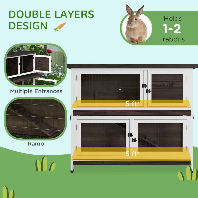 PawHut 46" Outdoor Rabbit Hutch w/ Removable Trays & Ramp for 1-2 Rabbits