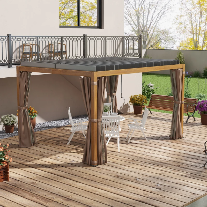 Outsunny 10' x 13' Outdoor Retractable Pergola w/ Sun Shade Aluminum Louvered Top, Pergola w/ Canopy, Curtains, Netting, Natural