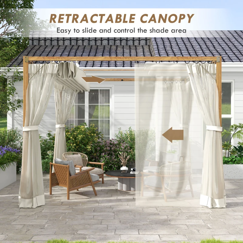 Outsunny 10 x 10 ft Retractable Pergola, Garden Gazebo Shelter with Nettings for Grill, Patio, Deck, Natural