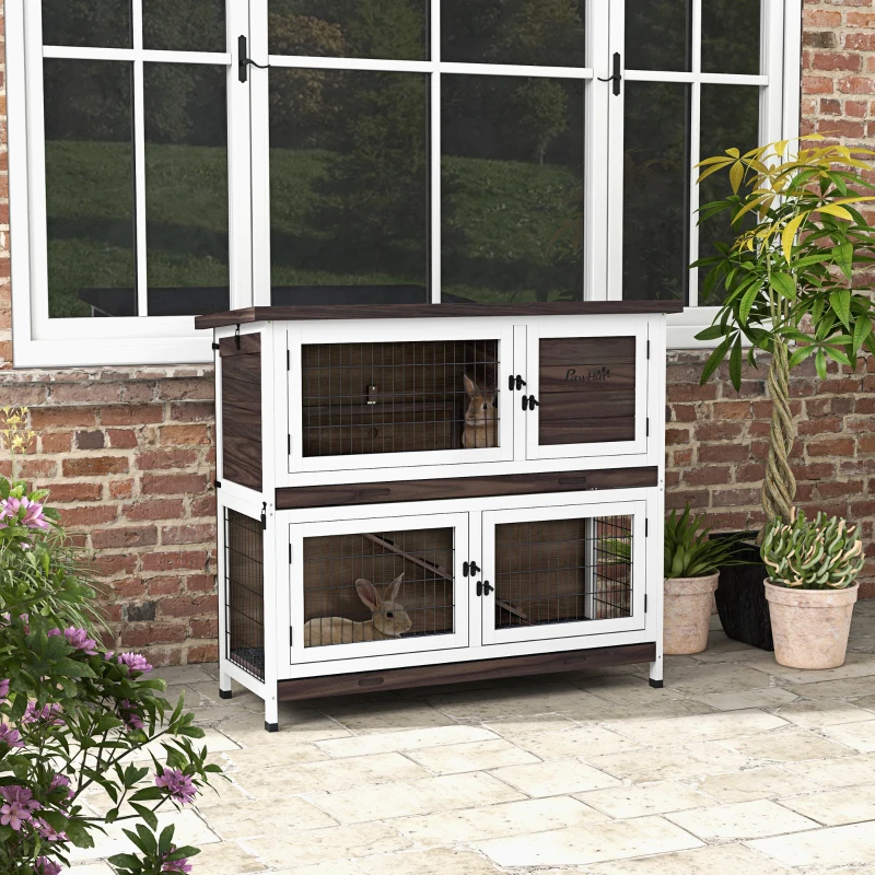 PawHut 46" Outdoor Rabbit Hutch w/ Removable Trays & Ramp for 1-2 Rabbits