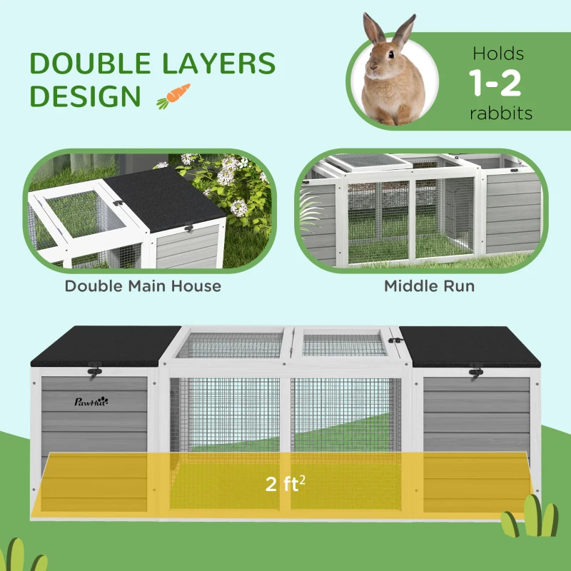PawHut 55" Rabbit Hutch, Outdoor Rabbit Cage w/ Openable Asphalt Roofs, Gray