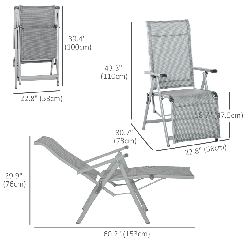 Outsunny Foldable Lounge Chair with 10-Positions Adjustable Backrest & Footrest for Deck, Backyard, Beach, Porch, Grey
