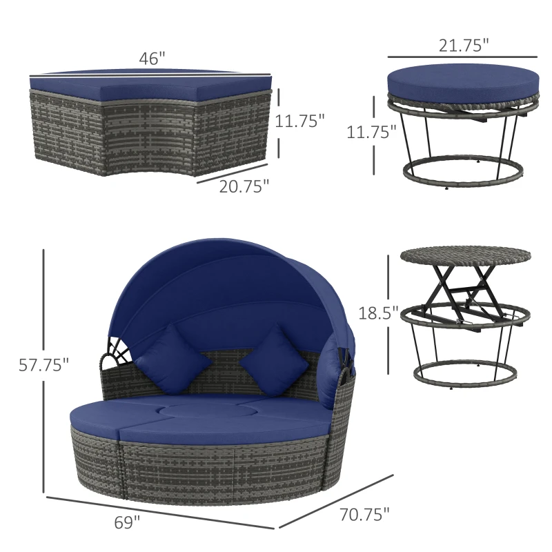 Outsunny 4 Piece Round Rattan Daybed Furniture Set, Canopy, Outdoor Sofa, 2 Chairs, Extending Table Ottoman Chair, Pillows, Blue