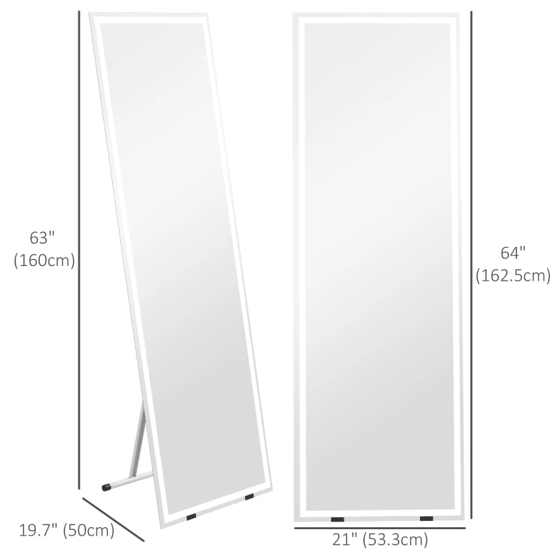 HOMCOM Standing Mirror with LED Lights, 64" x 21" Floor Mirror, Full Body Mirror with Dimmable and 3 Colour Lighting, White