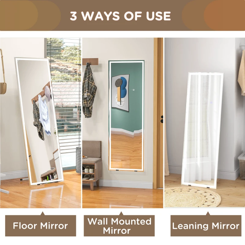 HOMCOM Standing Mirror with LED Lights, 64" x 21" Floor Mirror, Full Body Mirror with Dimmable and 3 Colour Lighting, White