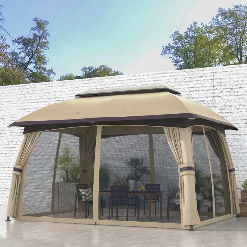 Outsunny 10' x 13' Outdoor Patio Gazebo, Beige Canopy Shelter with Netting, Vented Roof & Steel Frame for Garden, Lawn, Backyard, Deck