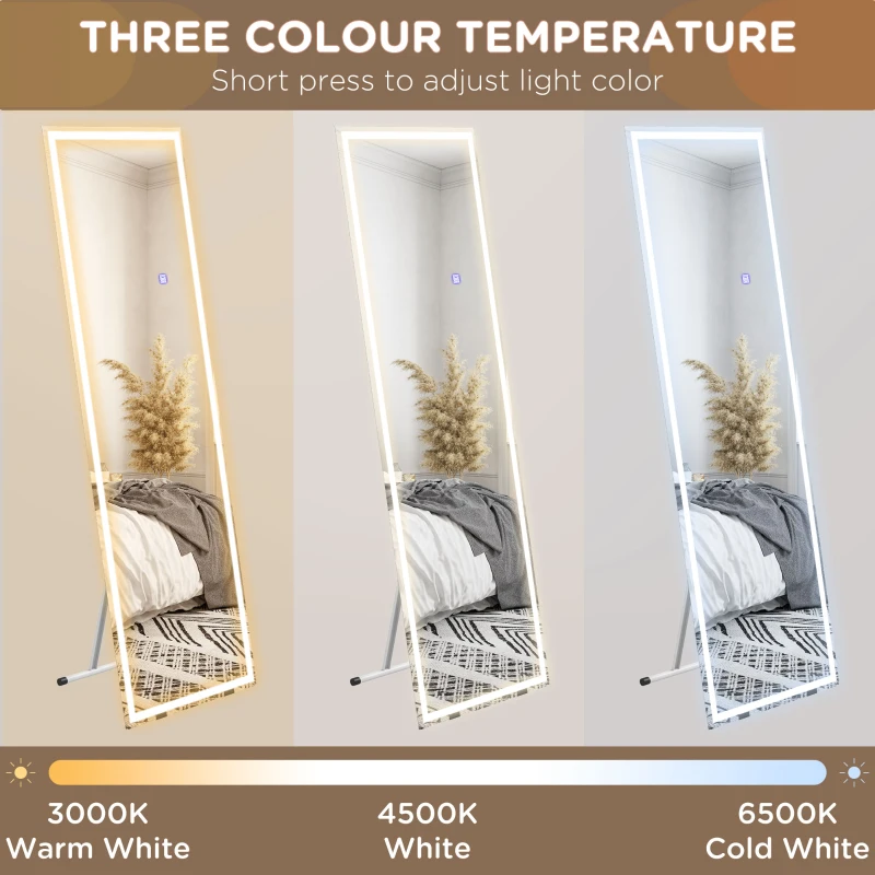 HOMCOM Standing Mirror with LED Lights, 64" x 21" Floor Mirror, Full Body Mirror with Dimmable and 3 Colour Lighting, White