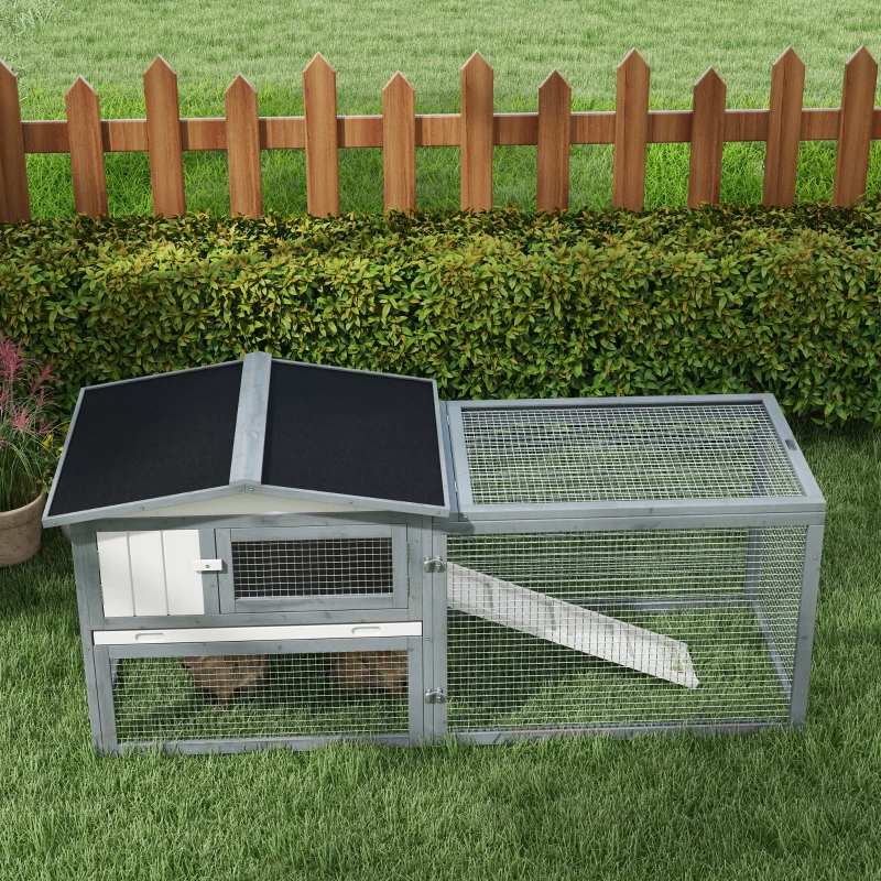 PawHut Large Rabbit Cage Outdoor 61"L Guinea Pig Hutch w/ Run Feeding Trough Removable Tray Ramp Asphalt Roof, White