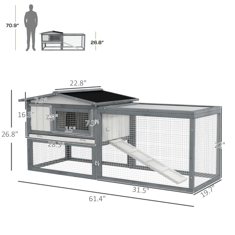 PawHut Large Rabbit Cage Outdoor 61"L Guinea Pig Hutch w/ Run Feeding Trough Removable Tray Ramp Asphalt Roof, White