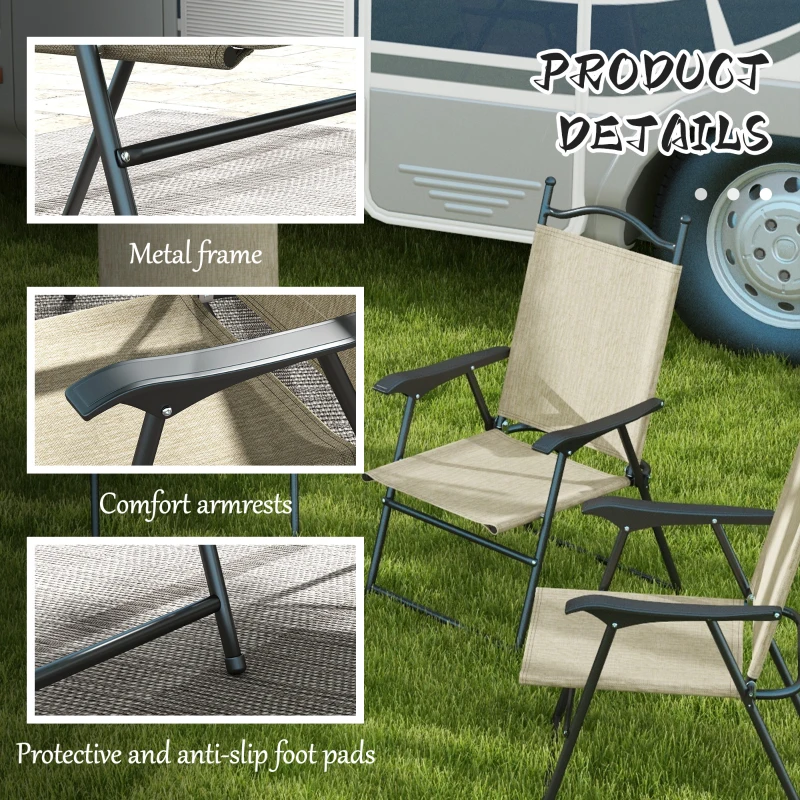 Outsunny 4 Piece Folding Patio Camping Chair Set, Sports Chairs for Adults with Armrests, Mesh Fabric Seat for Lawn, Beige