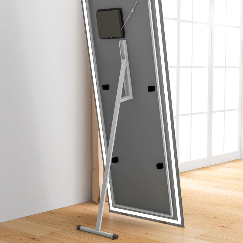 HOMCOM Standing Mirror with LED Lights, 64" x 21" Floor Mirror, Full Body Mirror with Dimmable and 3 Colour Lighting, White