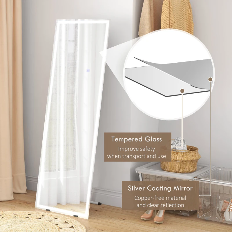 HOMCOM Standing Mirror with LED Lights, 64" x 21" Floor Mirror, Full Body Mirror with Dimmable and 3 Colour Lighting, White