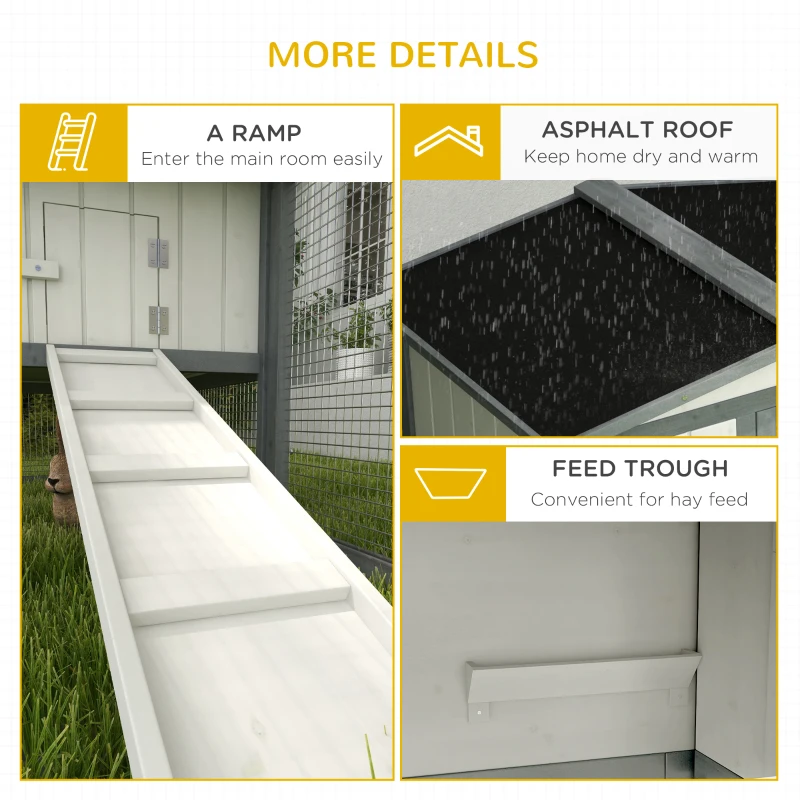 PawHut Large Rabbit Cage Outdoor 61"L Guinea Pig Hutch w/ Run Feeding Trough Removable Tray Ramp Asphalt Roof, White