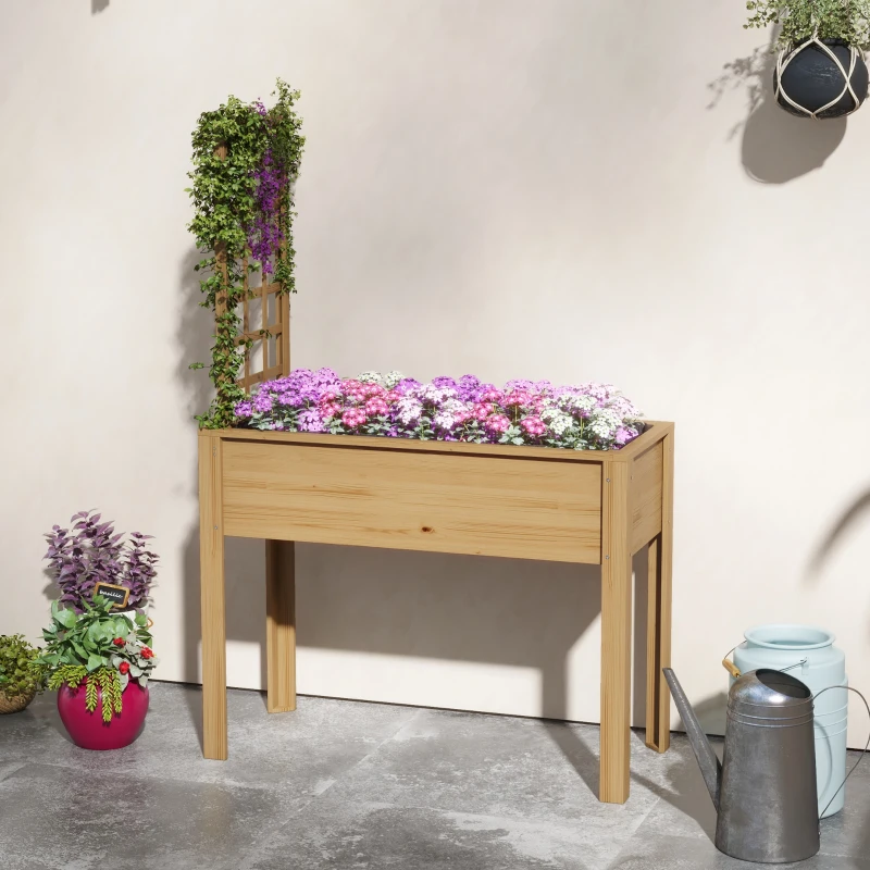 Outsunny Elevated Wood Planter with Trellis for Climbing Plants, Raised Garden Bed with Legs, Drainage Holes & Filter Natural