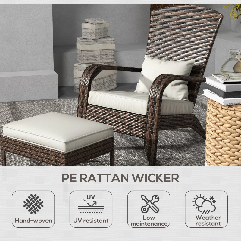 Outsunny Wicker Adirondack Chair Fire Pit Chair w/ Ottoman & Cushions, White