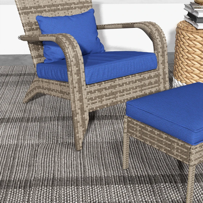Outsunny Wicker Adirondack Chair Fire Pit Chair w/ Ottoman & Cushions, Blue