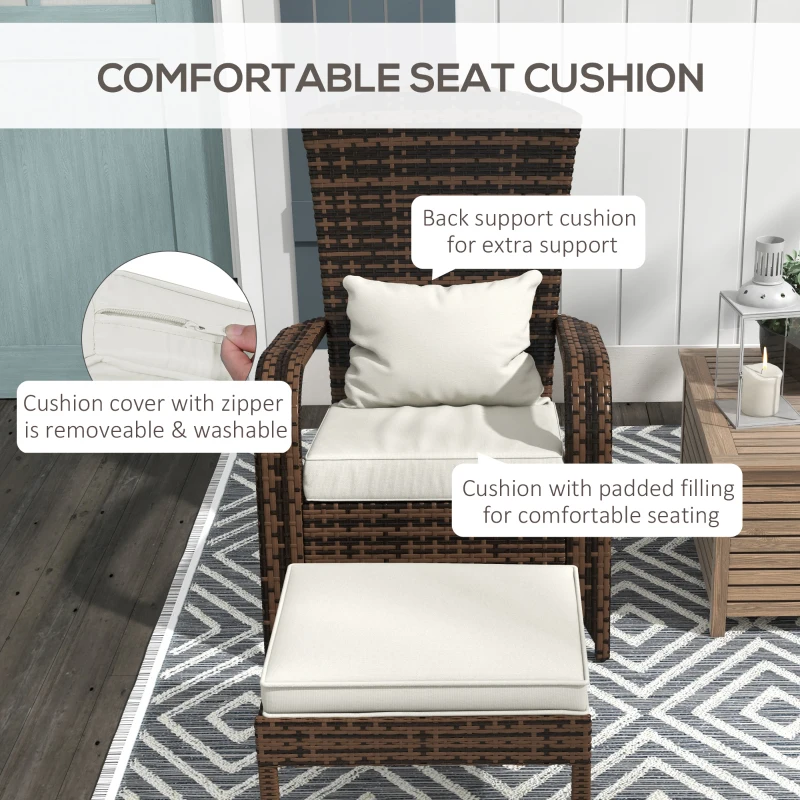 Outsunny Wicker Adirondack Chair Fire Pit Chair w/ Ottoman & Cushions, White