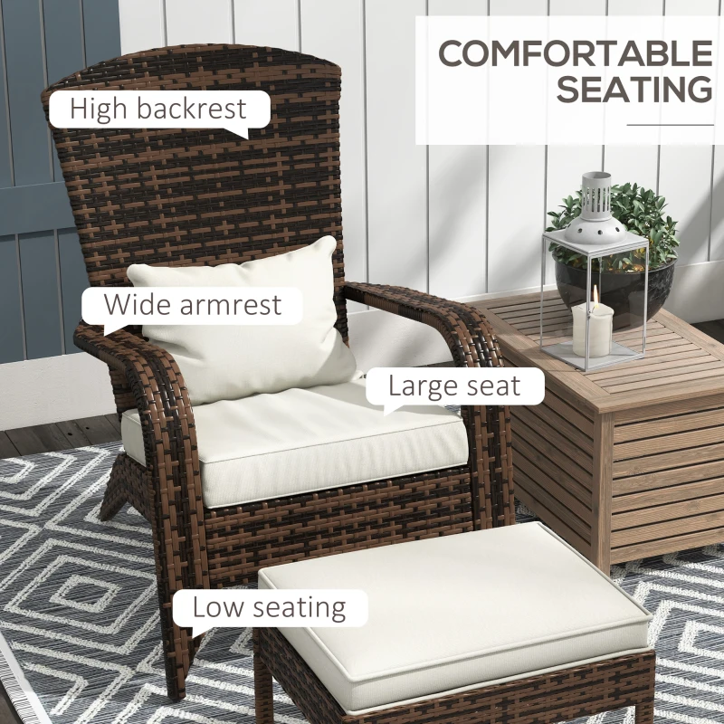 Outsunny Wicker Adirondack Chair Fire Pit Chair w/ Ottoman & Cushions, White