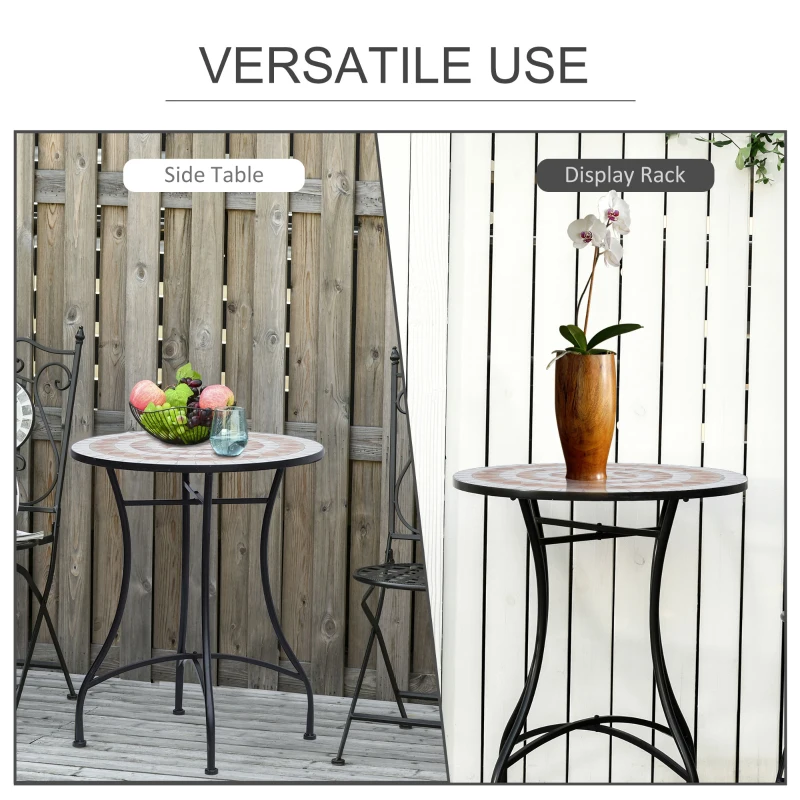 Outsunny 23.5" Mosaic Round Patio Table, Metal Side Bistro Coffee Table, Outdoor Furniture, Ceramic Tabletop for Garden Lawn