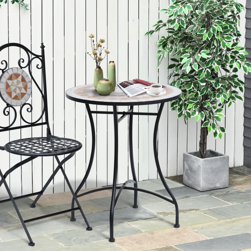 Outsunny 23.5" Mosaic Round Patio Table, Metal Side Bistro Coffee Table, Outdoor Furniture, Ceramic Tabletop for Garden Lawn