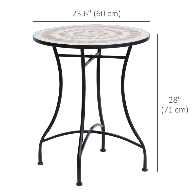 Outsunny 23.5" Mosaic Round Patio Table, Metal Side Bistro Coffee Table, Outdoor Furniture, Ceramic Tabletop for Garden Lawn