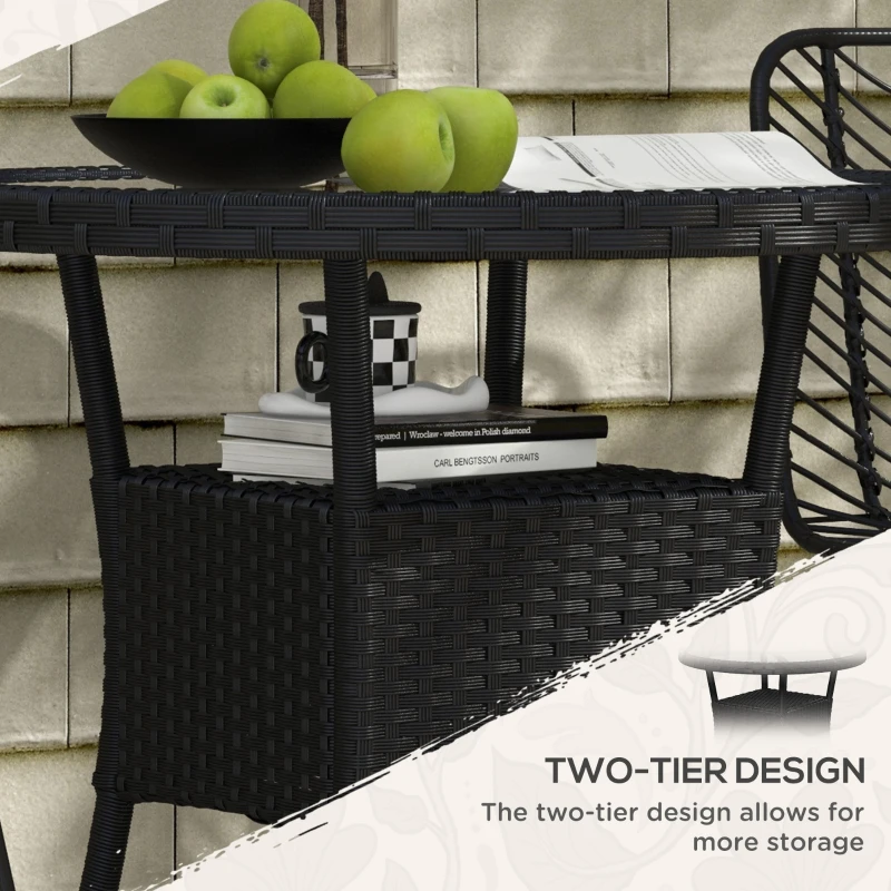 Outsunny Φ31.5" Outdoor Wicker Dining Table, PE Rattan Patio Furniture with 2-Tier Storage Shelf, Metal Frame Round Garden Table with Glass Top Table, Black