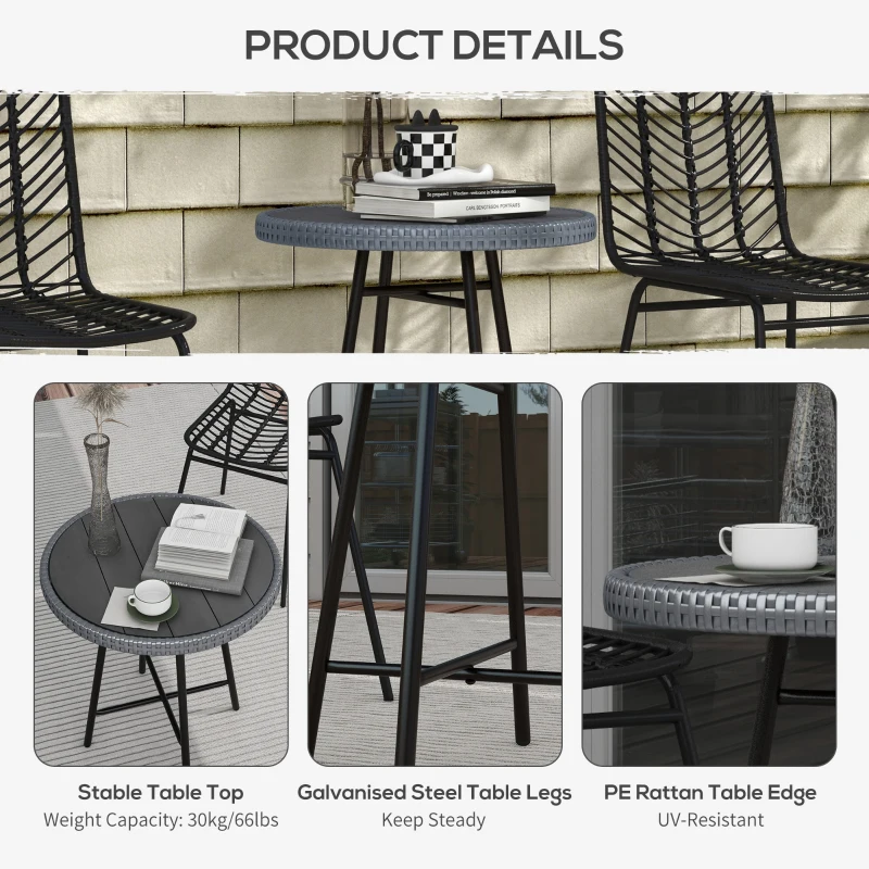 Outsunny Patio Wicker End Table with Plastic Wood Table Top and X-Shape Support for Backyard, Garden, Balcony, Grey