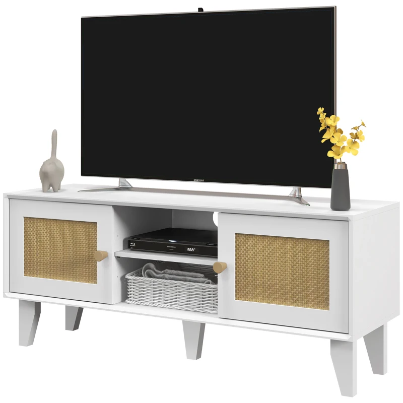 HOMCOM TV Stand Cabinet for 50-Inch, TV Table with 2 Rattan Doors, Television Stand with Adjustable Shelves and Cable Holes