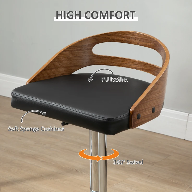 HOMCOM Bar Stools Set of 2, Adjustable Height Counter Height Bar Stools, Swivel Bar Chair with PU Leather Padded Seat, Footrest