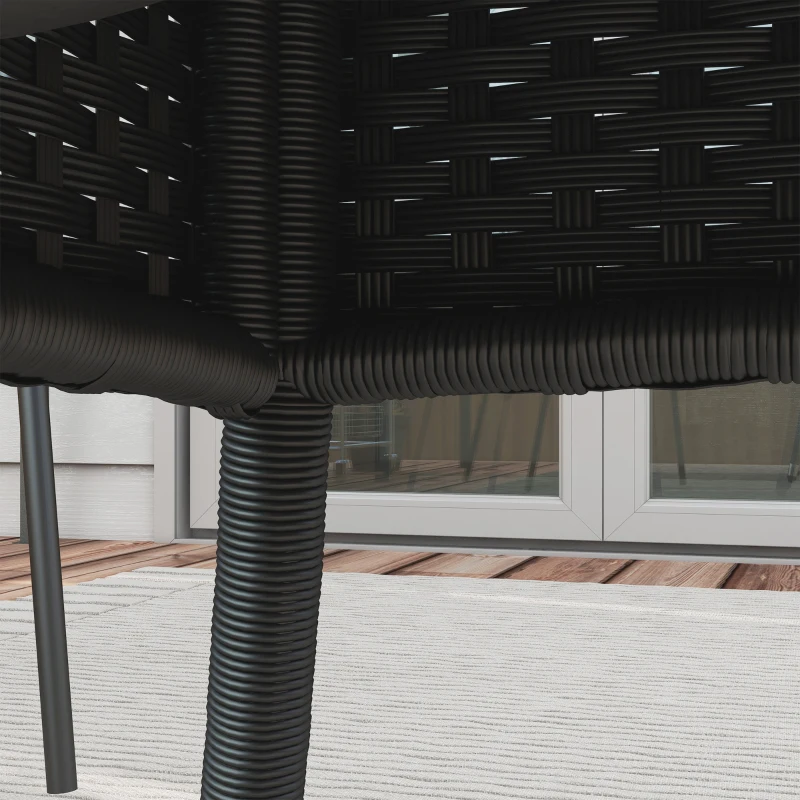 Outsunny Φ31.5" Outdoor Wicker Dining Table, PE Rattan Patio Furniture with 2-Tier Storage Shelf, Metal Frame Round Garden Table with Glass Top Table, Black