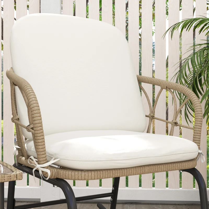 Outsunny 3 Pieces Patio Rocking Chair Patio Set with Cushions, Outdoor Round PE Rattan Wicker Hollow Design Conversation Set with Two Rocker Chairs, Glass Top Coffee Table, Beige