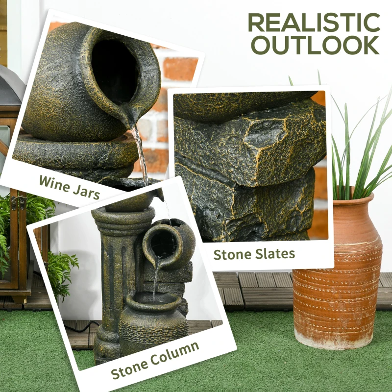 Outsunny 3-Tier Outdoor Fountain, Resin Cascading Waterfall Feature w/ Adjustable Flow, Wine Jar Look for Zen Garden, Porch