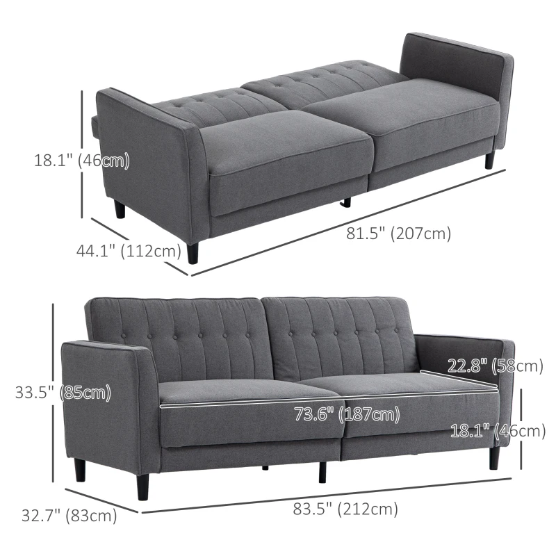HOMCOM Convertible Bed with Couch, Button Tufted Fabric Sofa Bed with Adjustable Back for Living Room, Charcoal Grey