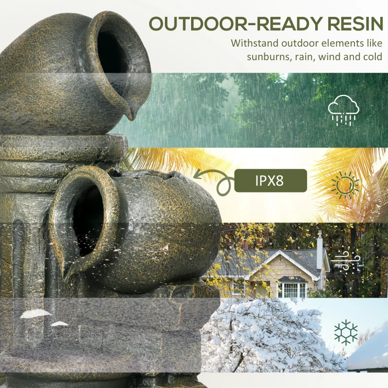 Outsunny 3-Tier Outdoor Fountain, Resin Cascading Waterfall Feature w/ Adjustable Flow, Wine Jar Look for Zen Garden, Porch