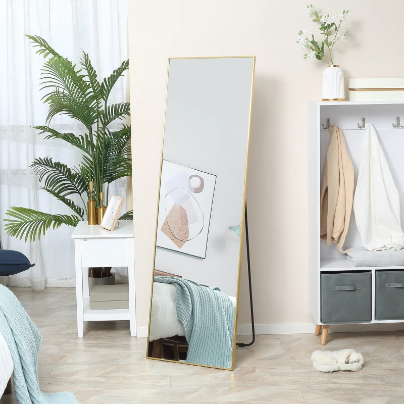 HOMCOM 63"x20" Full Length Mirror, Floor Standing, Wall-Mounted or Leaning Against Wall Tall Mirror w/Support Frame, Rectangular Full Body Mirror for Bedroom, Living Room, Gold