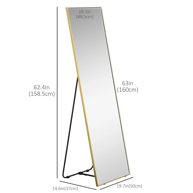 HOMCOM 63"x20" Full Length Mirror, Floor Standing, Wall-Mounted or Leaning Against Wall Tall Mirror w/Support Frame, Rectangular Full Body Mirror for Bedroom, Living Room, Gold