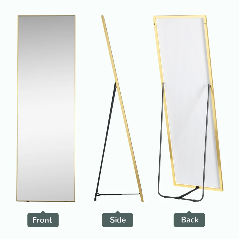 HOMCOM 63"x20" Full Length Mirror, Floor Standing, Wall-Mounted or Leaning Against Wall Tall Mirror w/Support Frame, Rectangular Full Body Mirror for Bedroom, Living Room, Gold