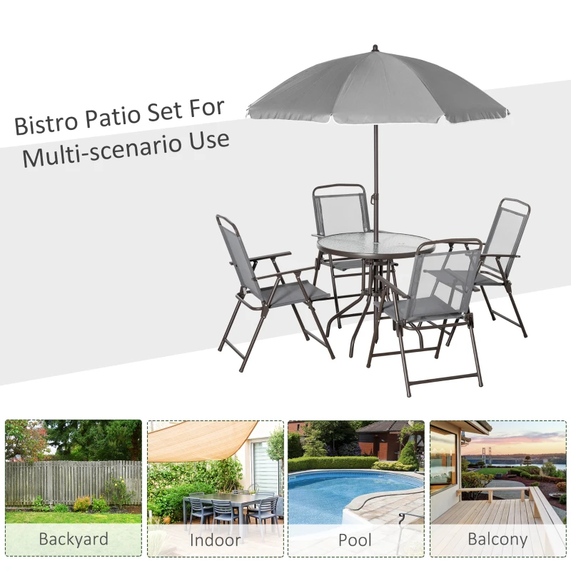 Outsunny 6 Piece Patio Dining Set for 4 with Umbrella, with 4 Folding Dining Chairs & Round Glass Table for Garden, Gray