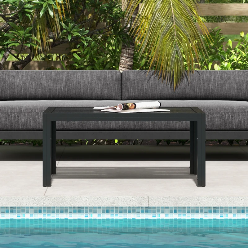 Outsunny Outdoor Coffee Table, Rectangular Patio Side Table with Steel Frame and Slat Tabletop for Garden, Balcony, Black