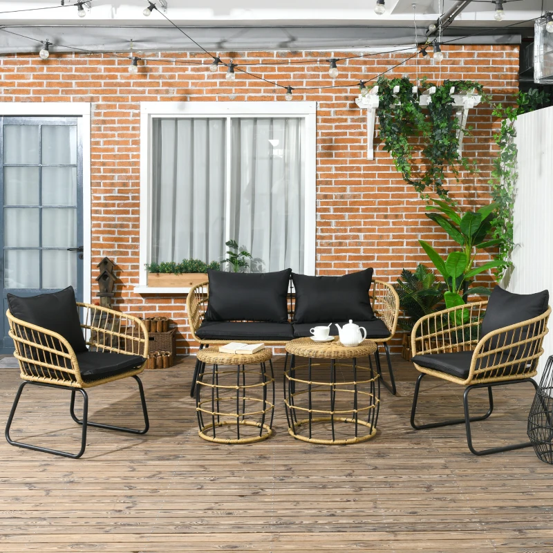 Outsunny 5 Piece PE Rattan Outdoor Furniture Set with Cushioned Chairs, Loveseat Sofa & Stackable Coffee Tables, Black