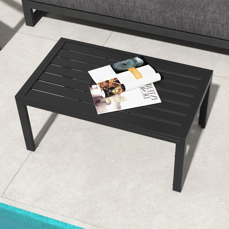 Outsunny Outdoor Coffee Table, Rectangular Patio Side Table with Steel Frame and Slat Tabletop for Garden, Balcony, Black