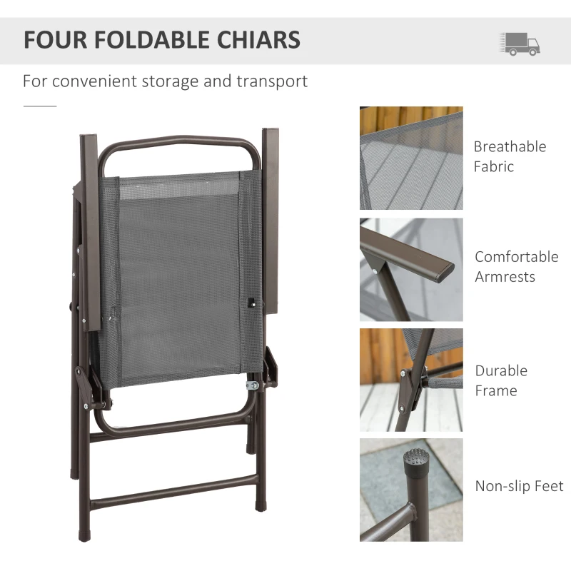 Outsunny 6 Piece Patio Dining Set for 4 with Umbrella, with 4 Folding Dining Chairs & Round Glass Table for Garden, Gray