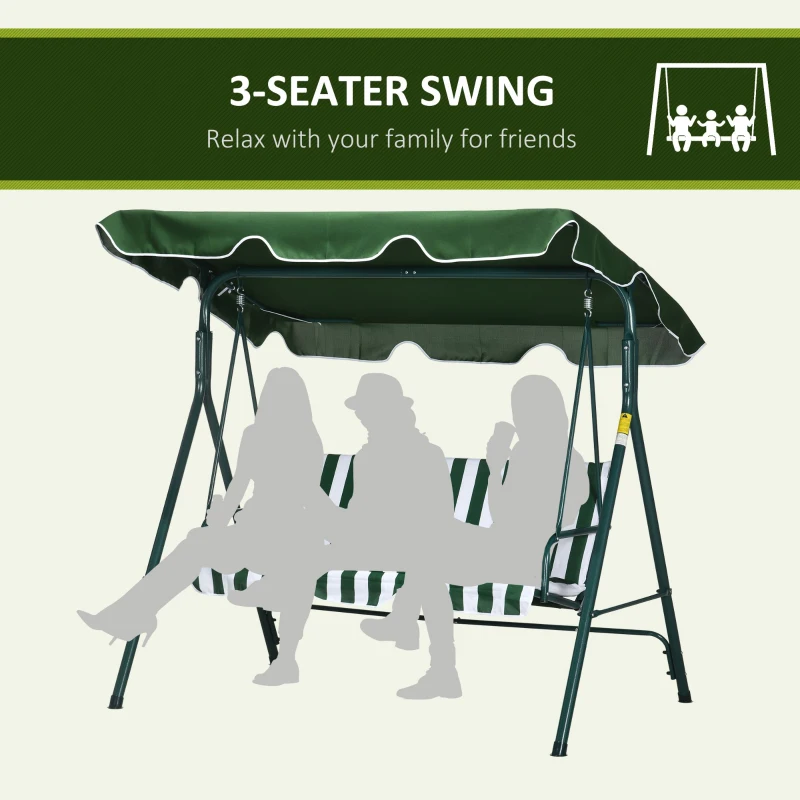 Outsunny 3-Seater Outdoor Porch Swing with Adjustable Canopy, Patio Swing Chair for Garden, Poolside, Backyard, Green and White